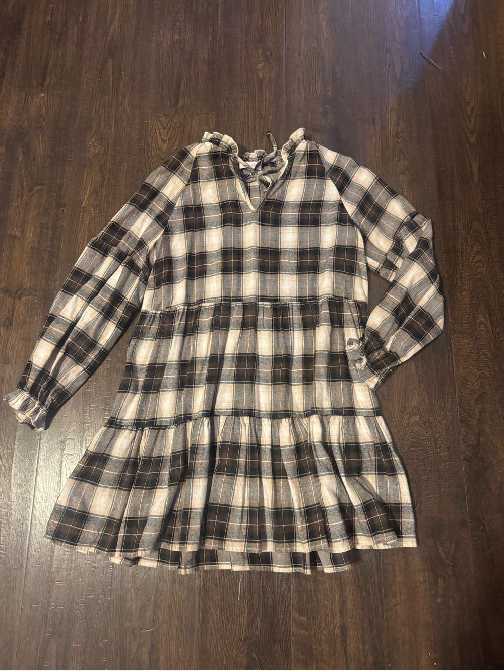 Pink lily Plaid Tiered Long-Sleeve Womens Dress in Cream and Black